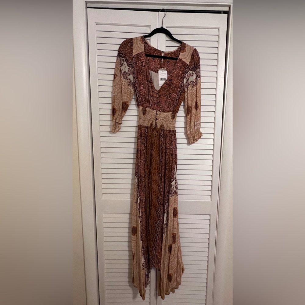 Free People long sleeve maxi dress, button down, brown, size XS, NWT never worn.